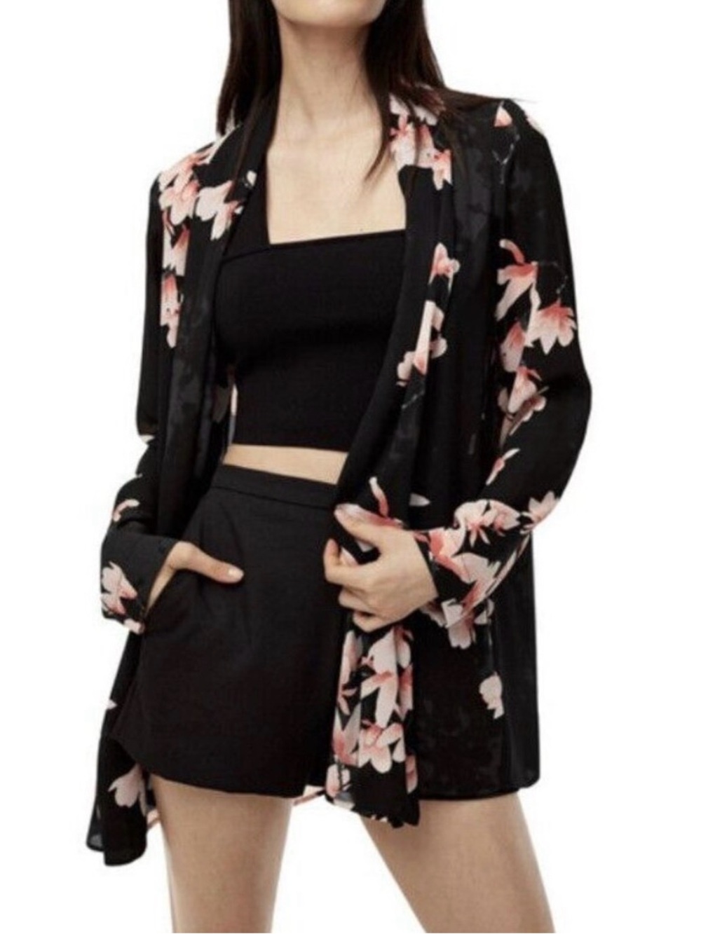 Aritzia Babaton Black Pink Floral Print Sheer Open Front Cardigan Kimono, sz xs